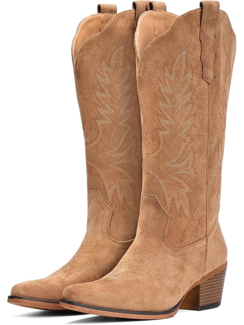 Women’s Dark Brown Slip-On Mid-Calf Embroidered Cowboy Snip Toe Chunky Heel